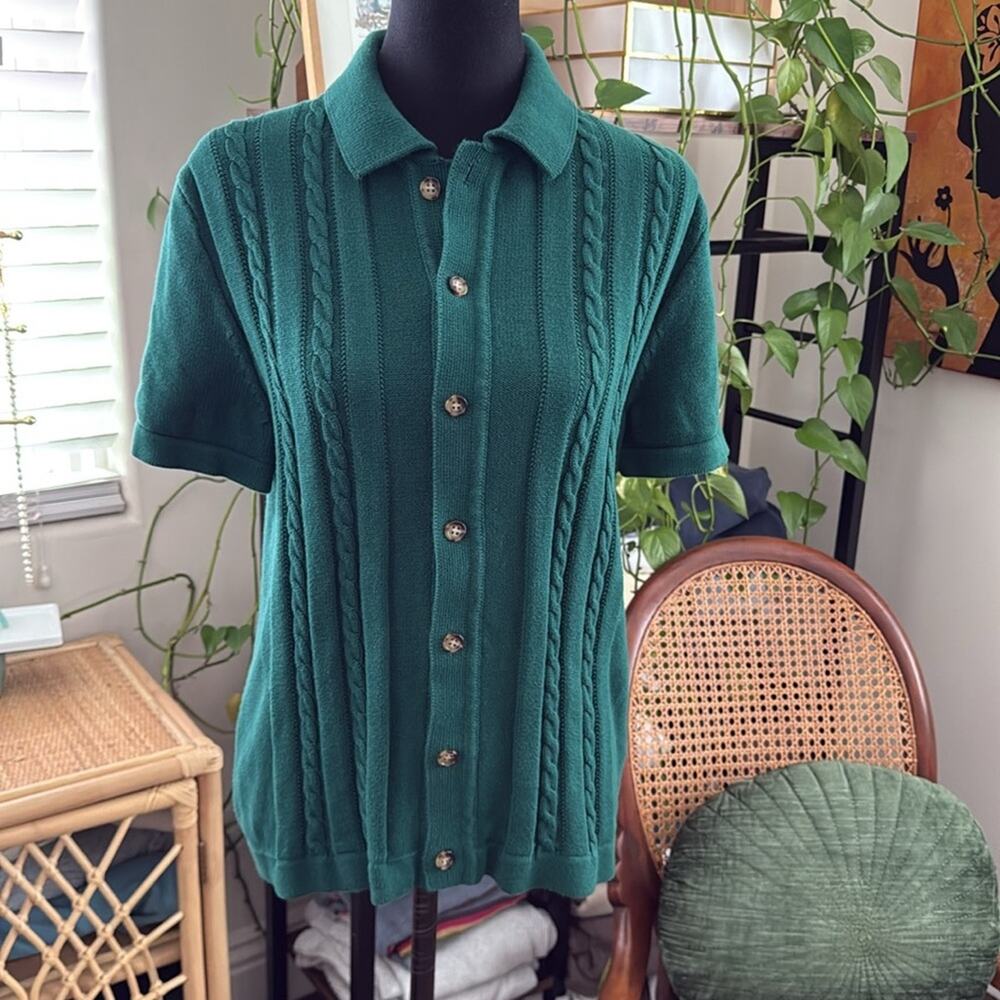 J.Crew Emerald Green Cable Knit Button Up Short Sleeve Mad Men Polo Sweater